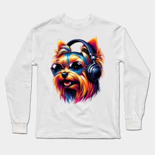 Silky Terrier Smiling DJ with Headphones and Sunglasses Long Sleeve T-Shirt